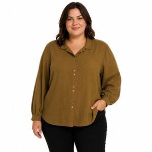 Poetry Blouse Womens 18 Brown Linen Collared Button Front Long Sleeve Top